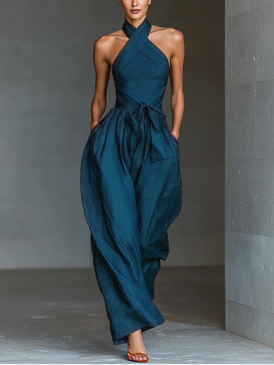 TIALDA | Jumpsuit mit Cross-Halter-Ausschnitt und weitem Bein