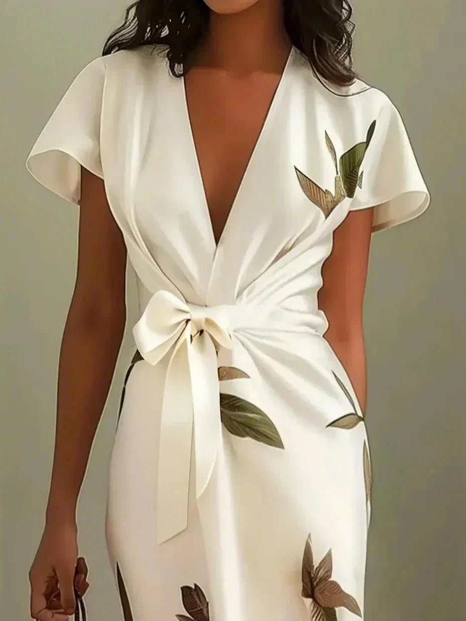 Judy | Weißes Leaf Kurzarm Satin Midi Kleid