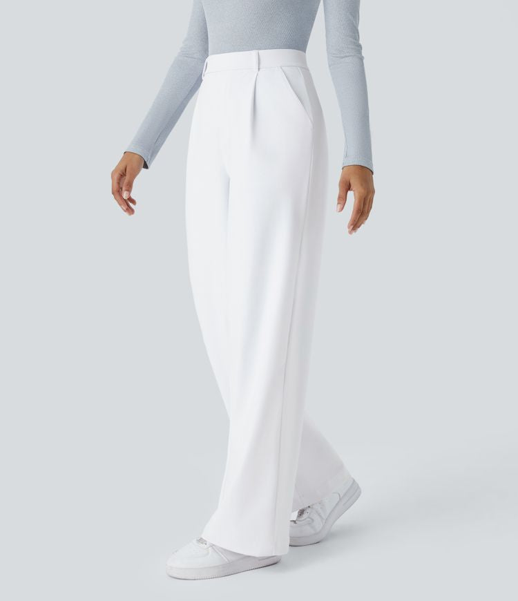 Halara Flex™ plissierte dehnbare Stoffhose mit hohem Bund, Seitentaschen und geradem Bein