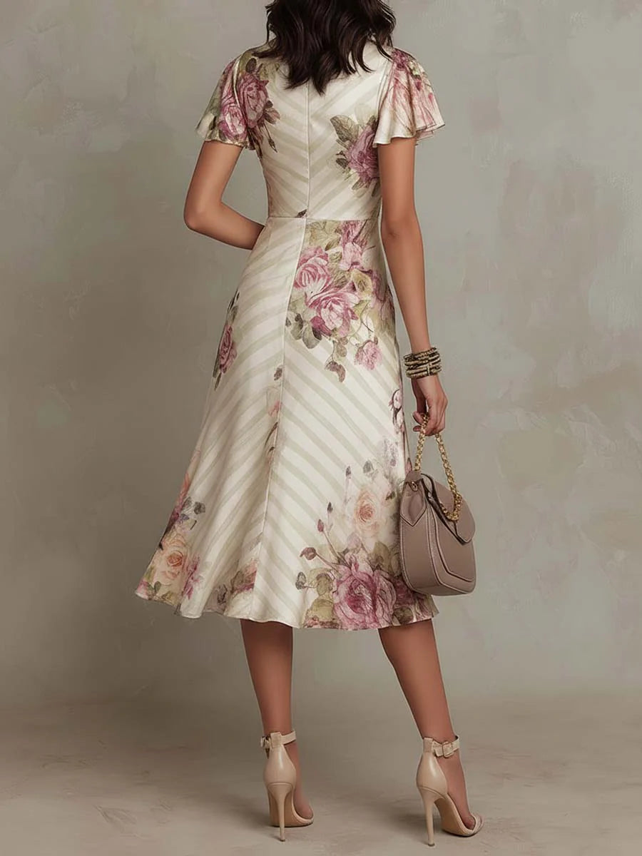 Margaret | Vintage Floral Satin Midi Kleid