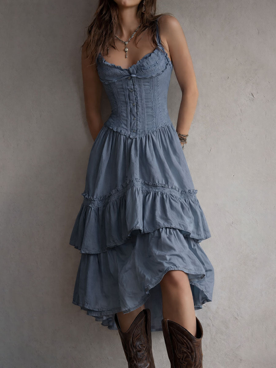 JELLA | Boho-Midikleid mit Korsage, Stufenrock und Spitzenbesatz