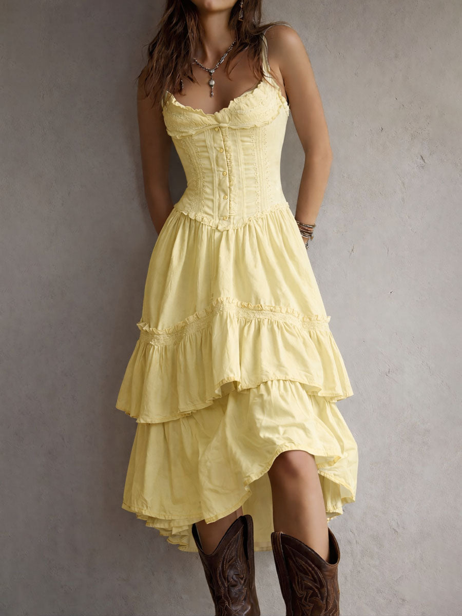 JELLA | Boho-Midikleid mit Korsage, Stufenrock und Spitzenbesatz