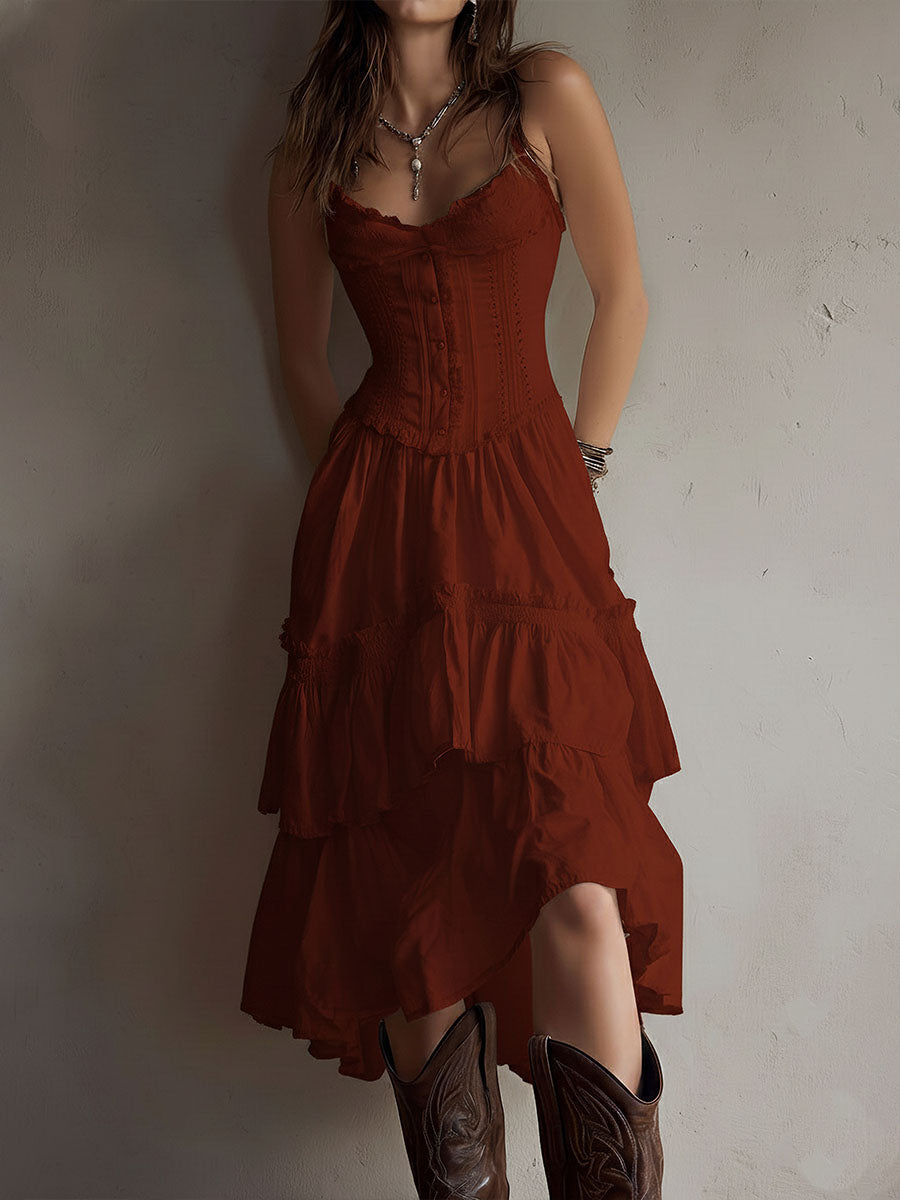 JELLA | Boho-Midikleid mit Korsage, Stufenrock und Spitzenbesatz