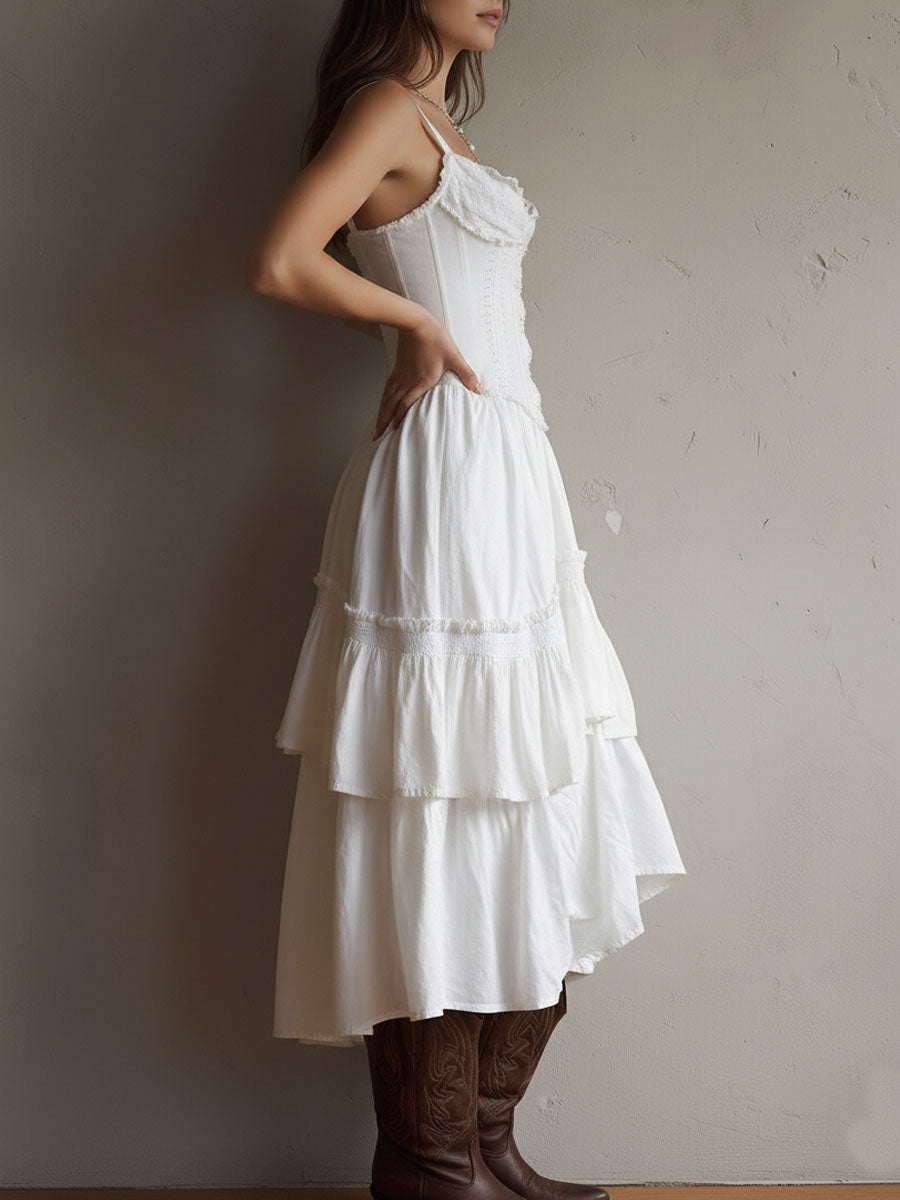 JELLA | Boho-Midikleid mit Korsage, Stufenrock und Spitzenbesatz
