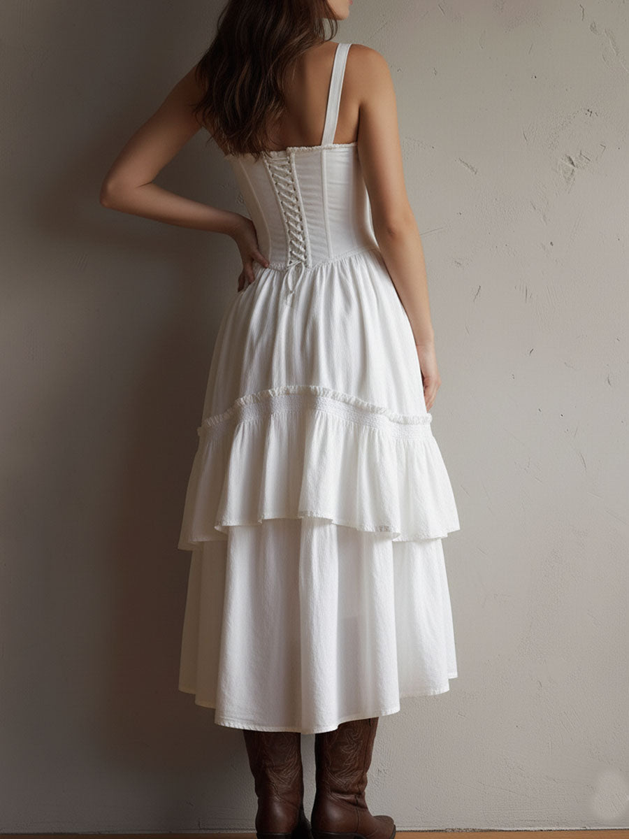 JELLA | Boho-Midikleid mit Korsage, Stufenrock und Spitzenbesatz