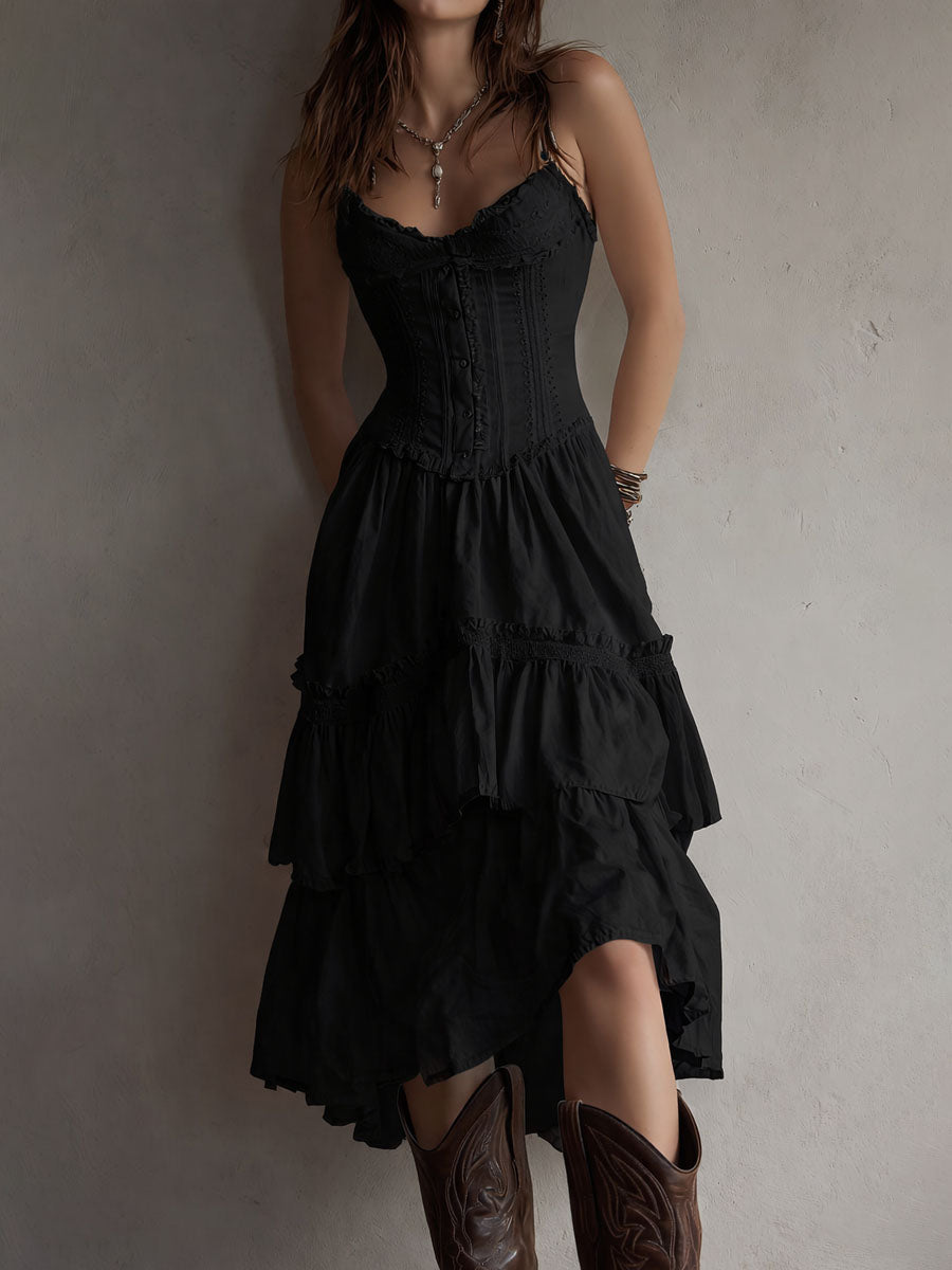 JELLA | Boho-Midikleid mit Korsage, Stufenrock und Spitzenbesatz