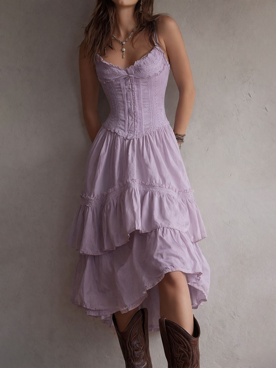 JELLA | Boho-Midikleid mit Korsage, Stufenrock und Spitzenbesatz