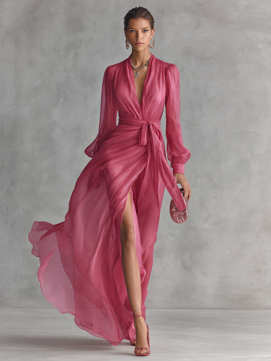 Rosa Chiffonkleid mit V-Ausschnitt