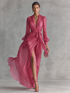 Mia | Rosa Chiffon Maxikleid V-Ausschnitt