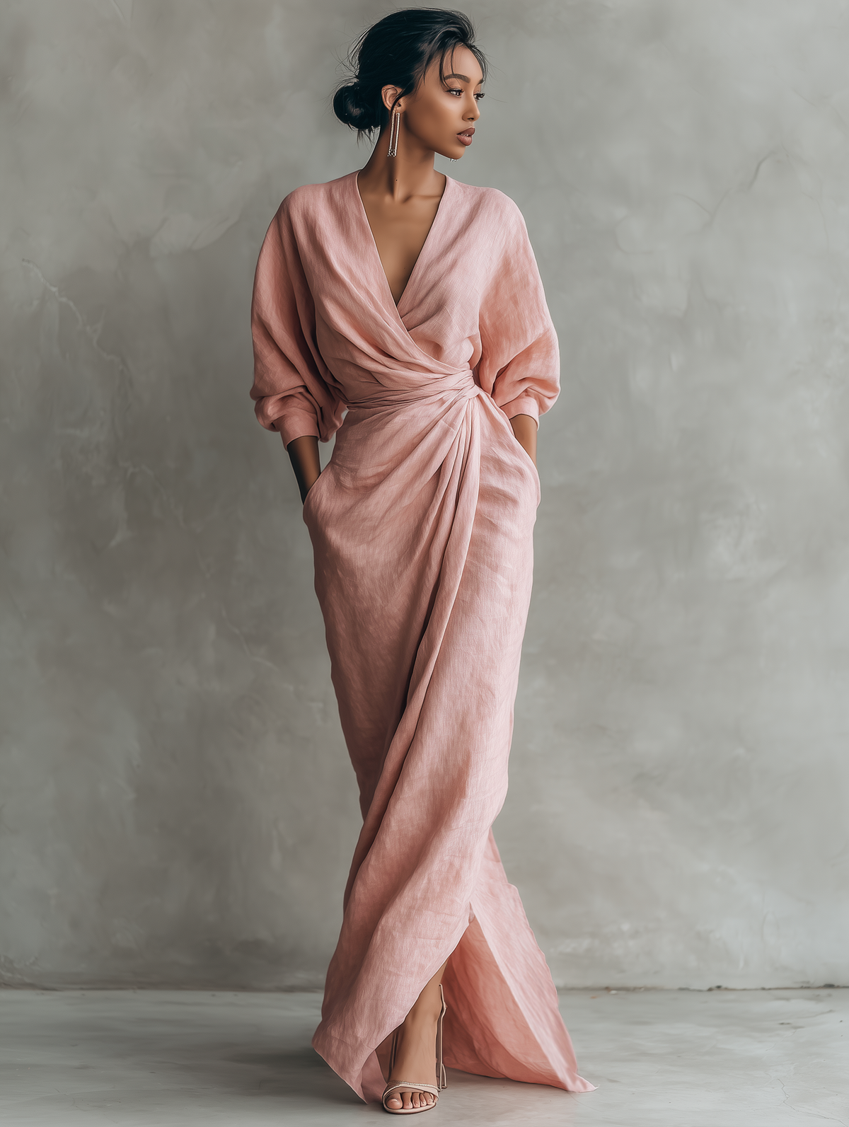 Rosa Leinen Maxi Kleid V-Hals