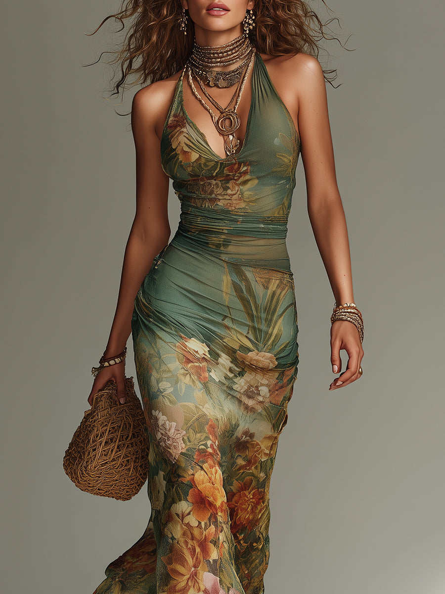 ENNA | Florales Maxikleid aus Mesh mit Schmaler Passform