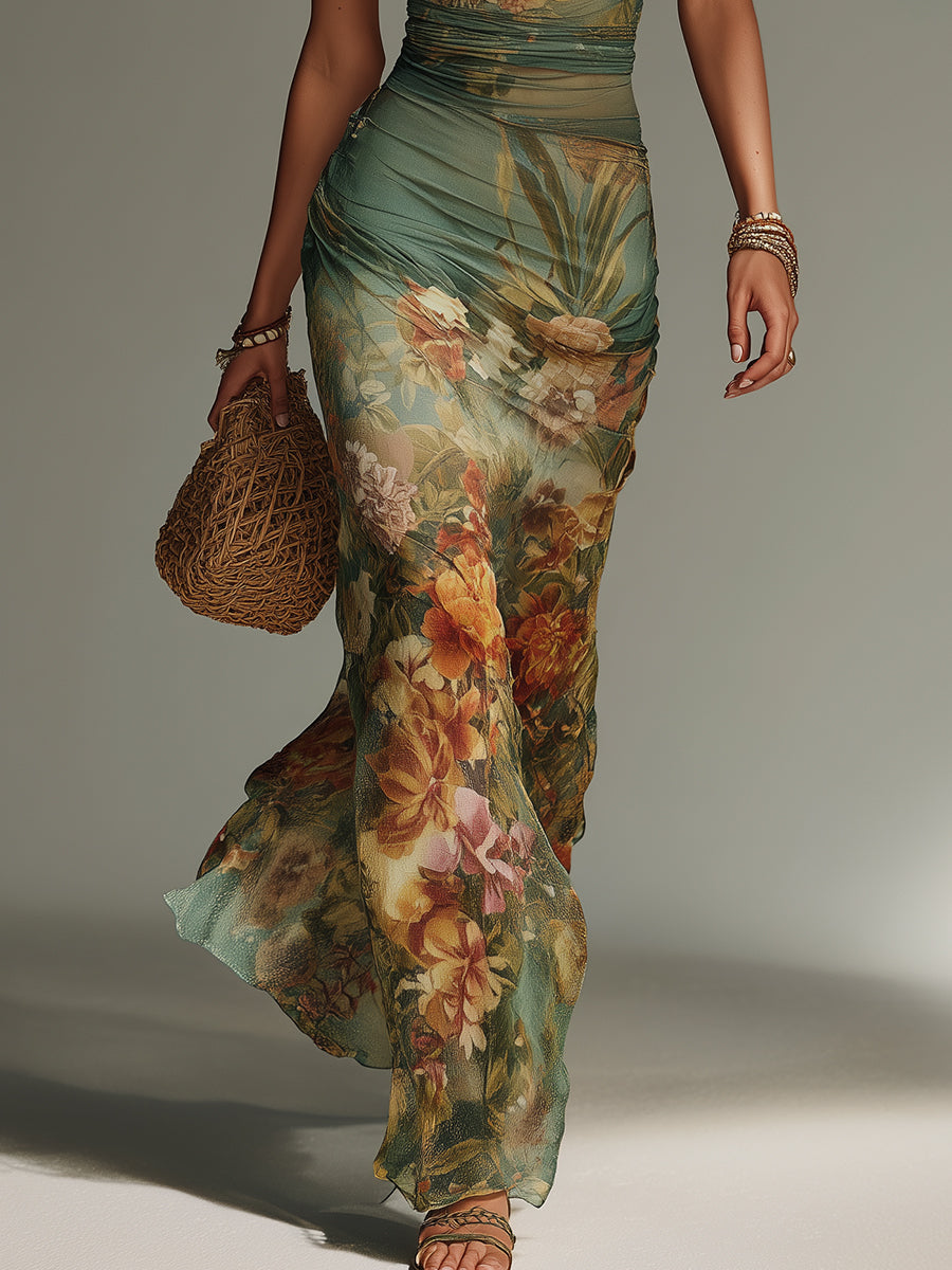 ENNA | Florales Maxikleid aus Mesh mit Schmaler Passform