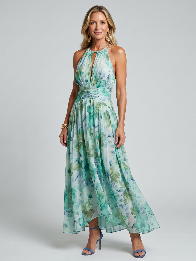 ELISE | Plissiertes Halter-Maxikleid