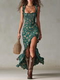 MAILIN | Boho-Maxikleid im Retro-Look mit Rüschenärmeln und hohem Schlitz