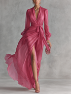 Mia | Rosa Chiffon Maxikleid V-Ausschnitt