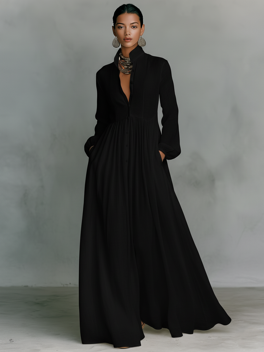 Patchwork Leinen Maxi Kleid Stehkragen
