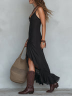 YUNA | Maxikleid mit Spitzenbesatz und Asymmetrischem Saum