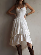 JELLA | Boho-Midikleid mit Korsage, Stufenrock und Spitzenbesatz