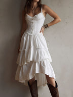 JELLA | Boho-Midikleid mit Korsage, Stufenrock und Spitzenbesatz