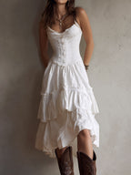 JELLA | Boho-Midikleid mit Korsage, Stufenrock und Spitzenbesatz