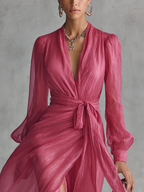 Mia | Rosa Chiffon Maxikleid V-Ausschnitt