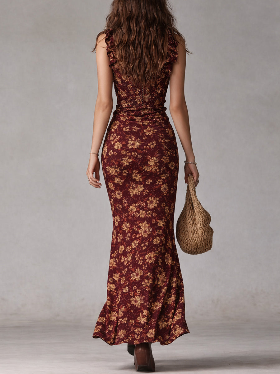 MAILIN | Boho-Maxikleid im Retro-Look mit Rüschenärmeln und hohem Schlitz
