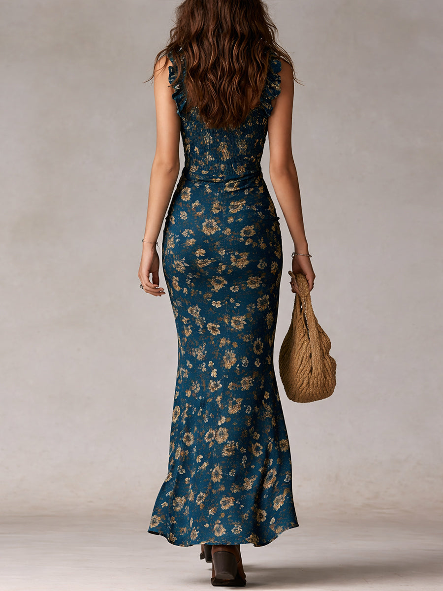 MAILIN | Boho-Maxikleid im Retro-Look mit Rüschenärmeln und hohem Schlitz