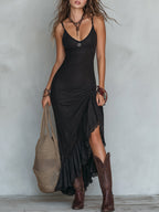 YUNA | Maxikleid mit Spitzenbesatz und Asymmetrischem Saum