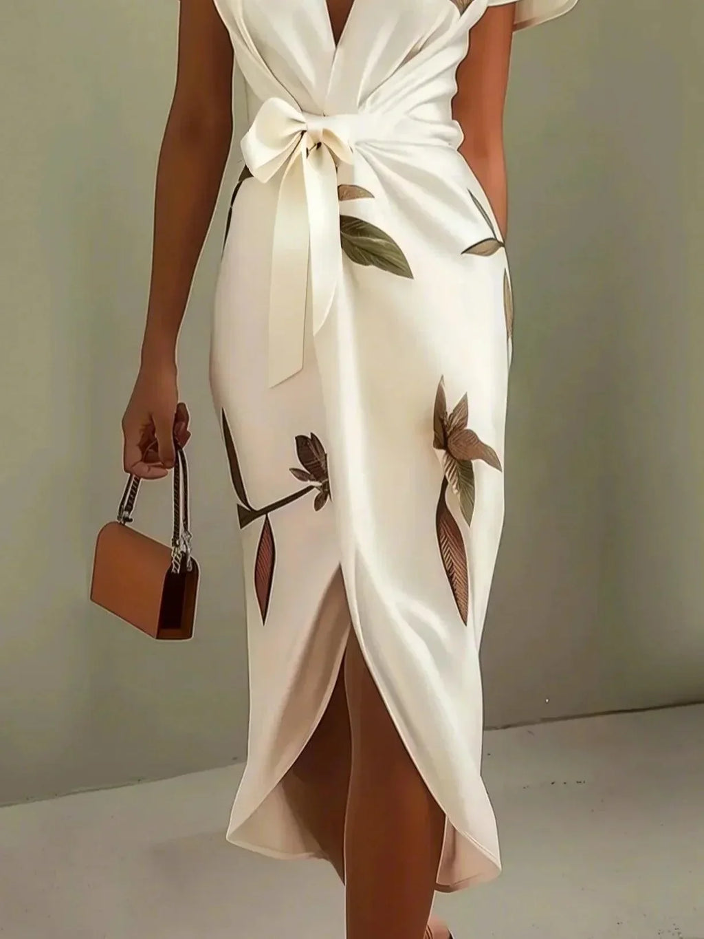 Judy | Weißes Leaf Kurzarm Satin Midi Kleid