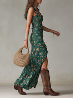 MAILIN | Boho-Maxikleid im Retro-Look mit Rüschenärmeln und hohem Schlitz