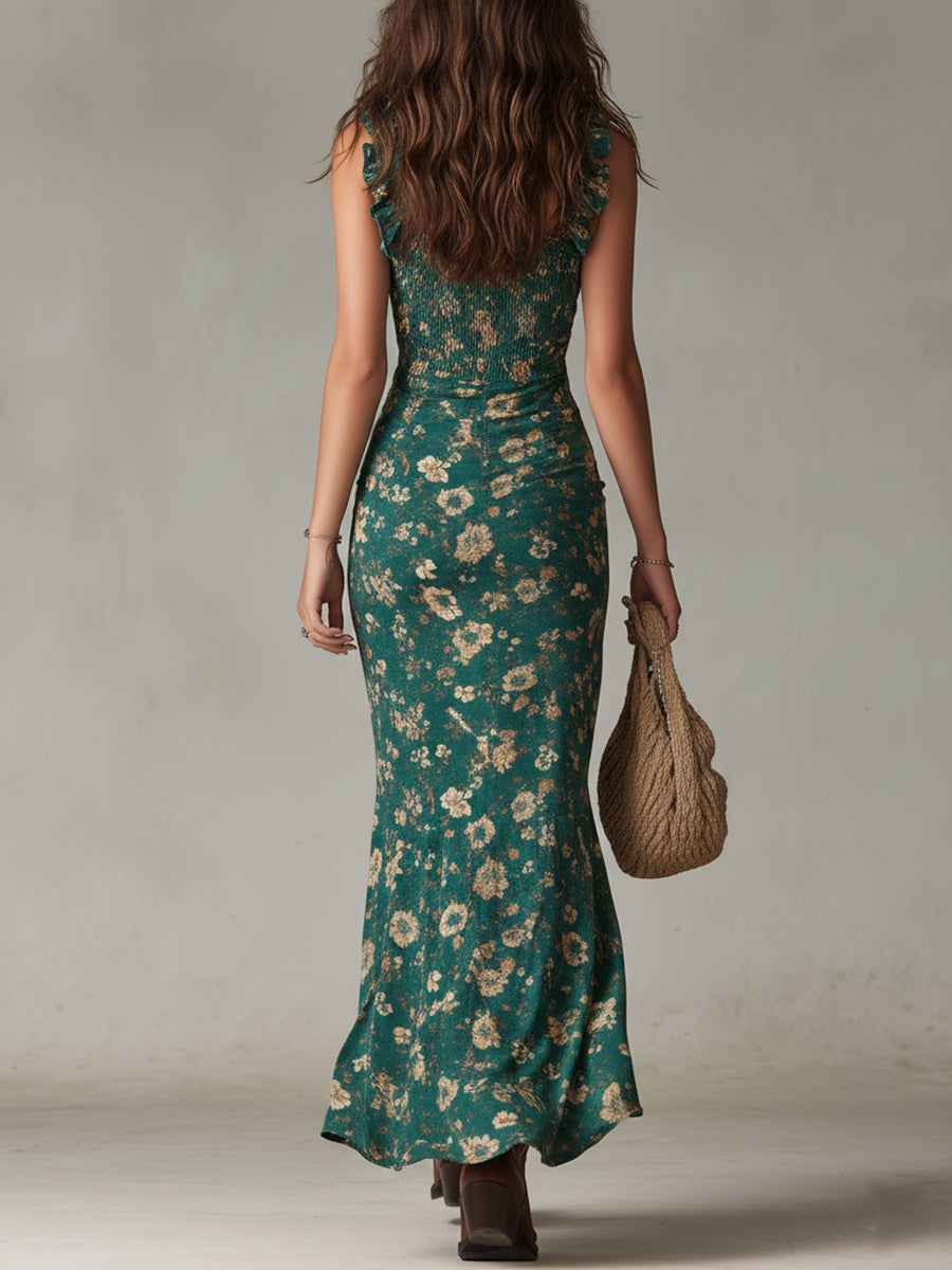 MAILIN | Boho-Maxikleid im Retro-Look mit Rüschenärmeln und hohem Schlitz