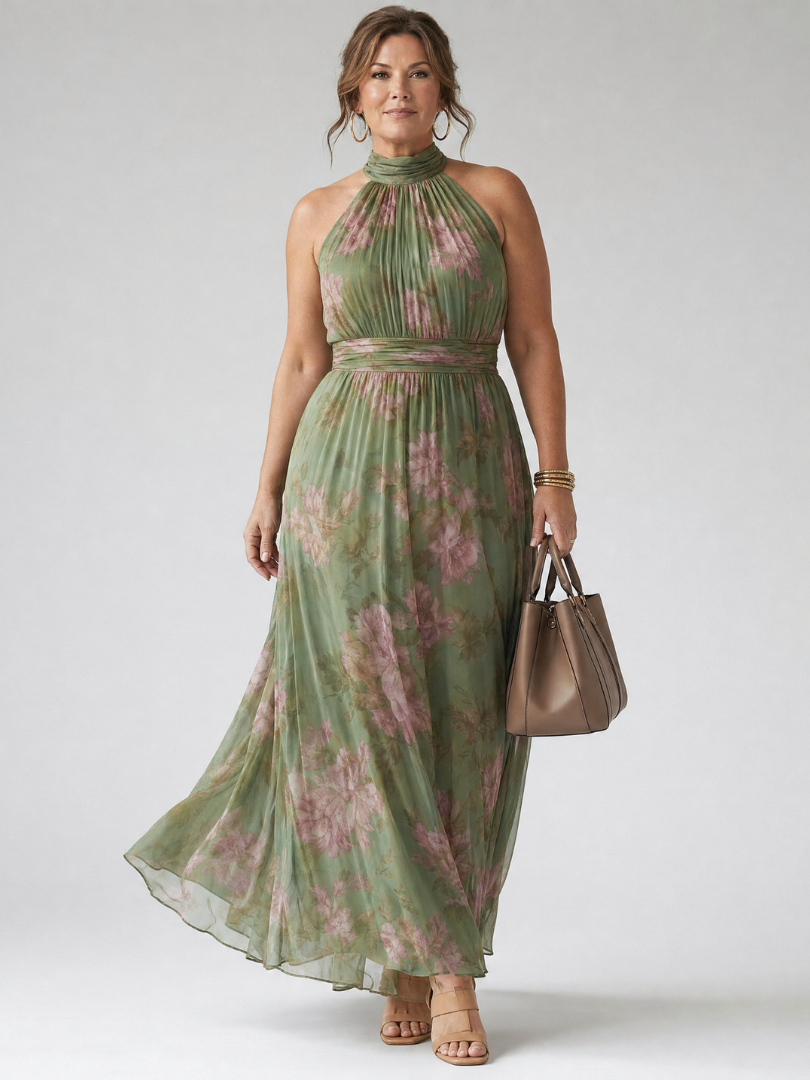 MIRELLE | Plissiertes Halter-Maxikleid