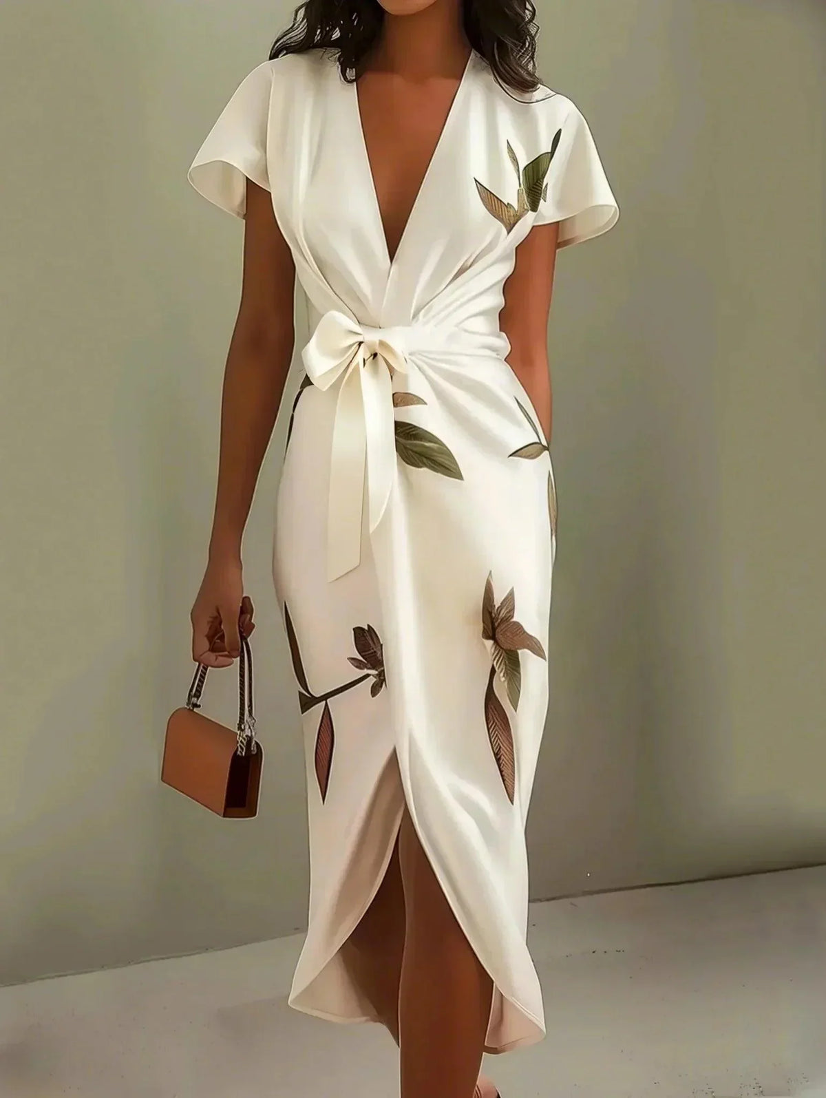 Judy | Weißes Leaf Kurzarm Satin Midi Kleid