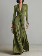 Oliv Seide Maxi Kleid V-Ausschnitt