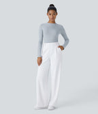 Halara Flex™ plissierte dehnbare Stoffhose mit hohem Bund, Seitentaschen und geradem Bein
