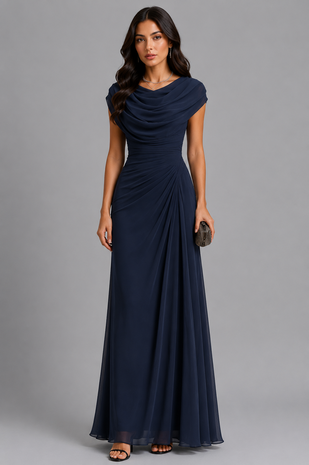 LENIYA | Maxikleid mit drapiertem Wasserfallausschnitt
