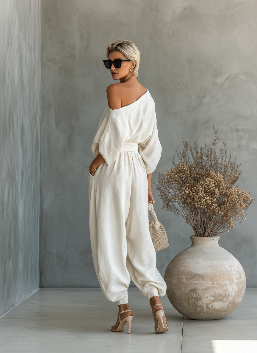 Ella | Weißes Leinen Set Off-Shoulder Hose
