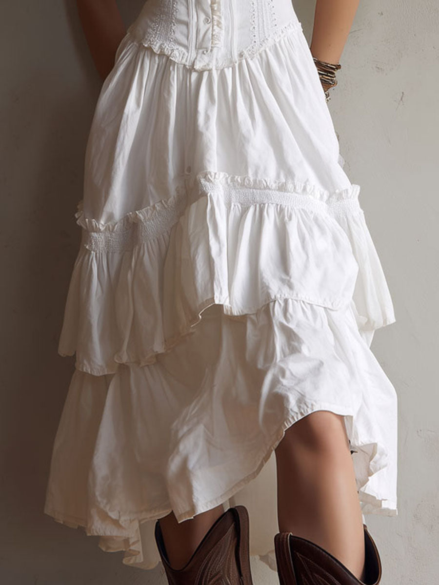 JELLA | Boho-Midikleid mit Korsage, Stufenrock und Spitzenbesatz