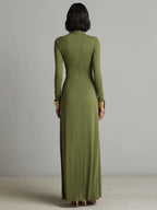 Oliv Seide Maxi Kleid V-Ausschnitt