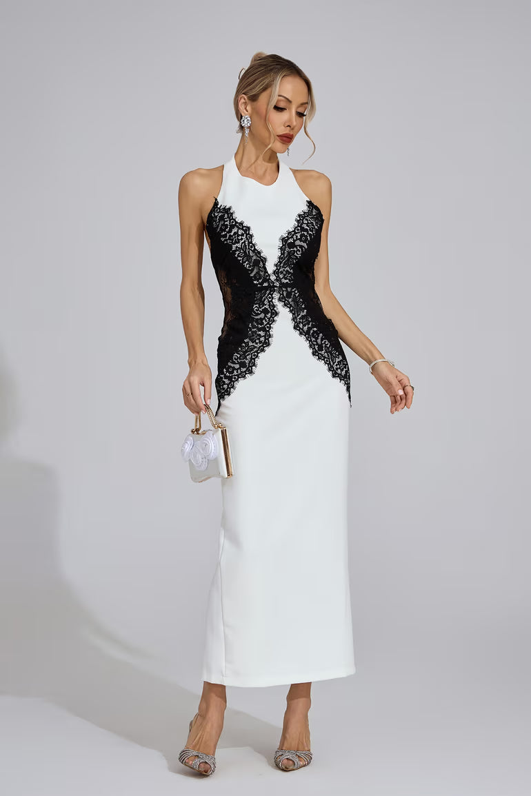 YLVA | Maxikleid mit Halterneck und Kontrastspitze