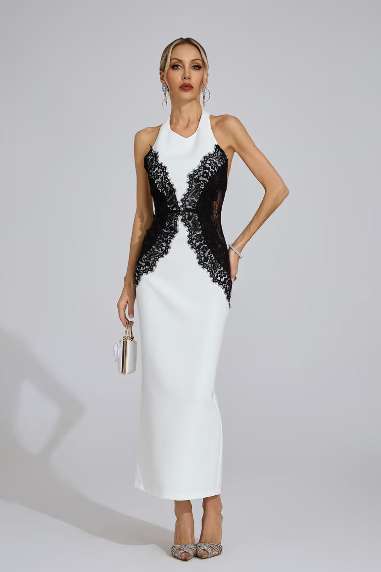 YLVA | Maxikleid mit Halterneck und Kontrastspitze