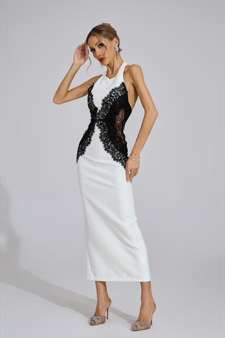 YLVA | Maxikleid mit Halterneck und Kontrastspitze
