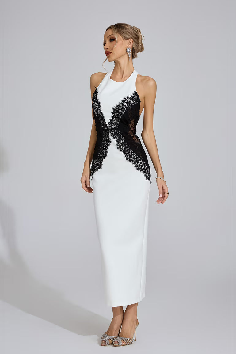 YLVA | Maxikleid mit Halterneck und Kontrastspitze