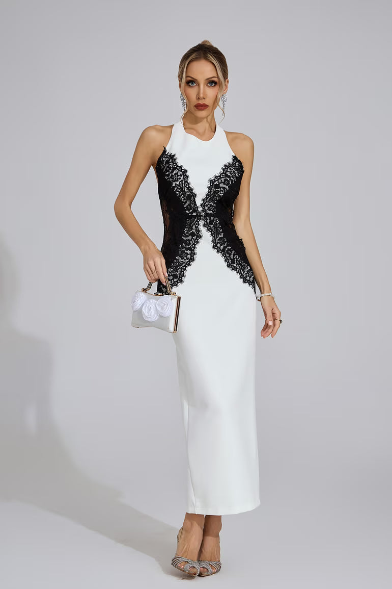 YLVA | Maxikleid mit Halterneck und Kontrastspitze