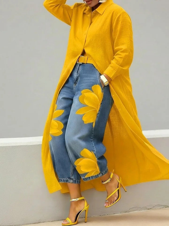 JULIANE | Florales Denim- & Hemdblusen-Kleid-Set