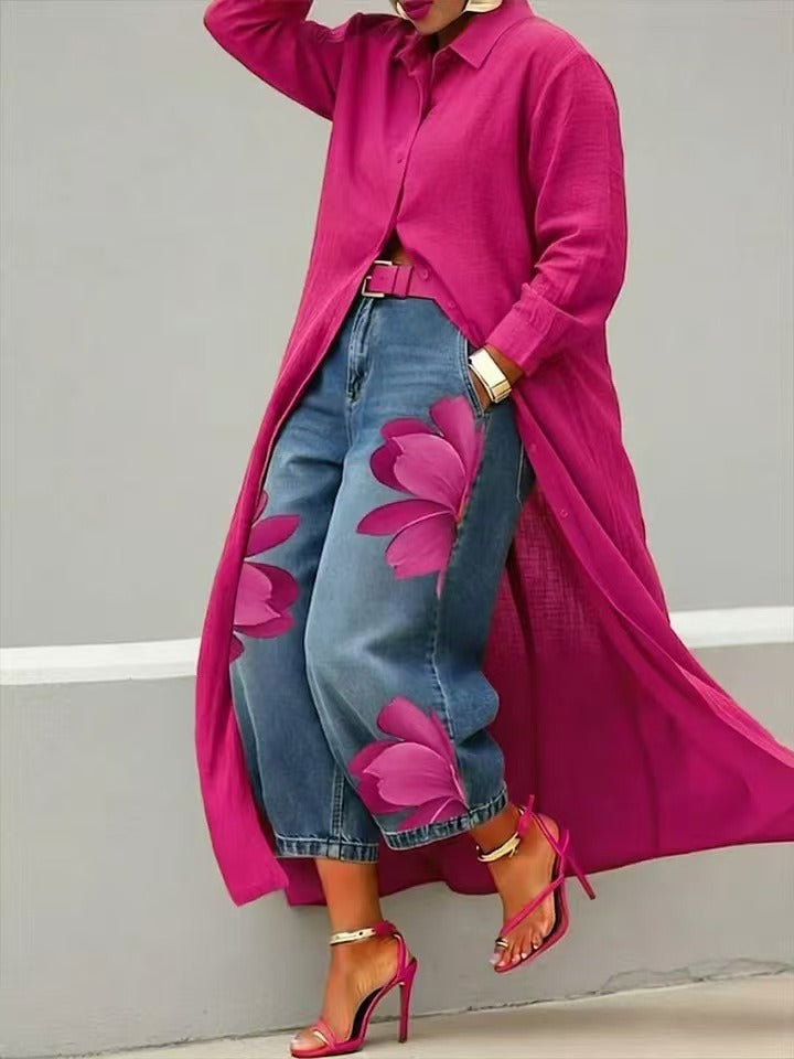 JULIANE | Florales Denim- & Hemdblusen-Kleid-Set