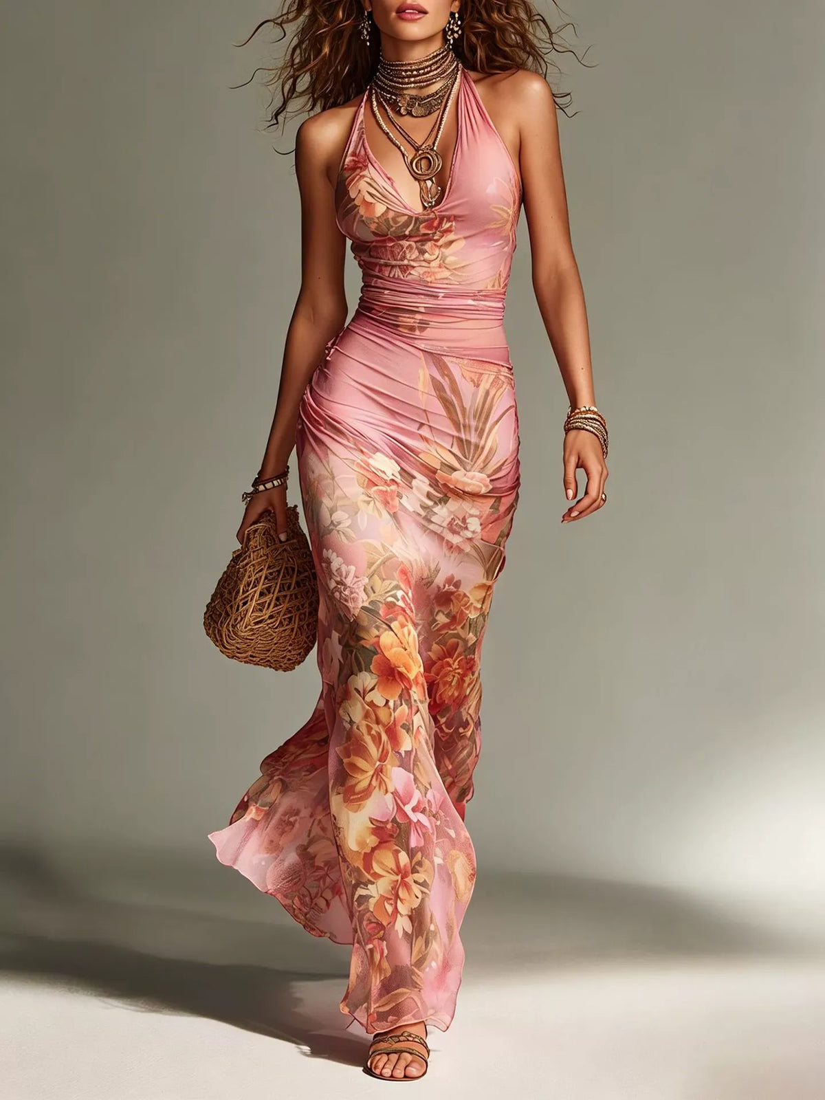 ENNA | Florales Maxikleid aus Mesh mit Schmaler Passform