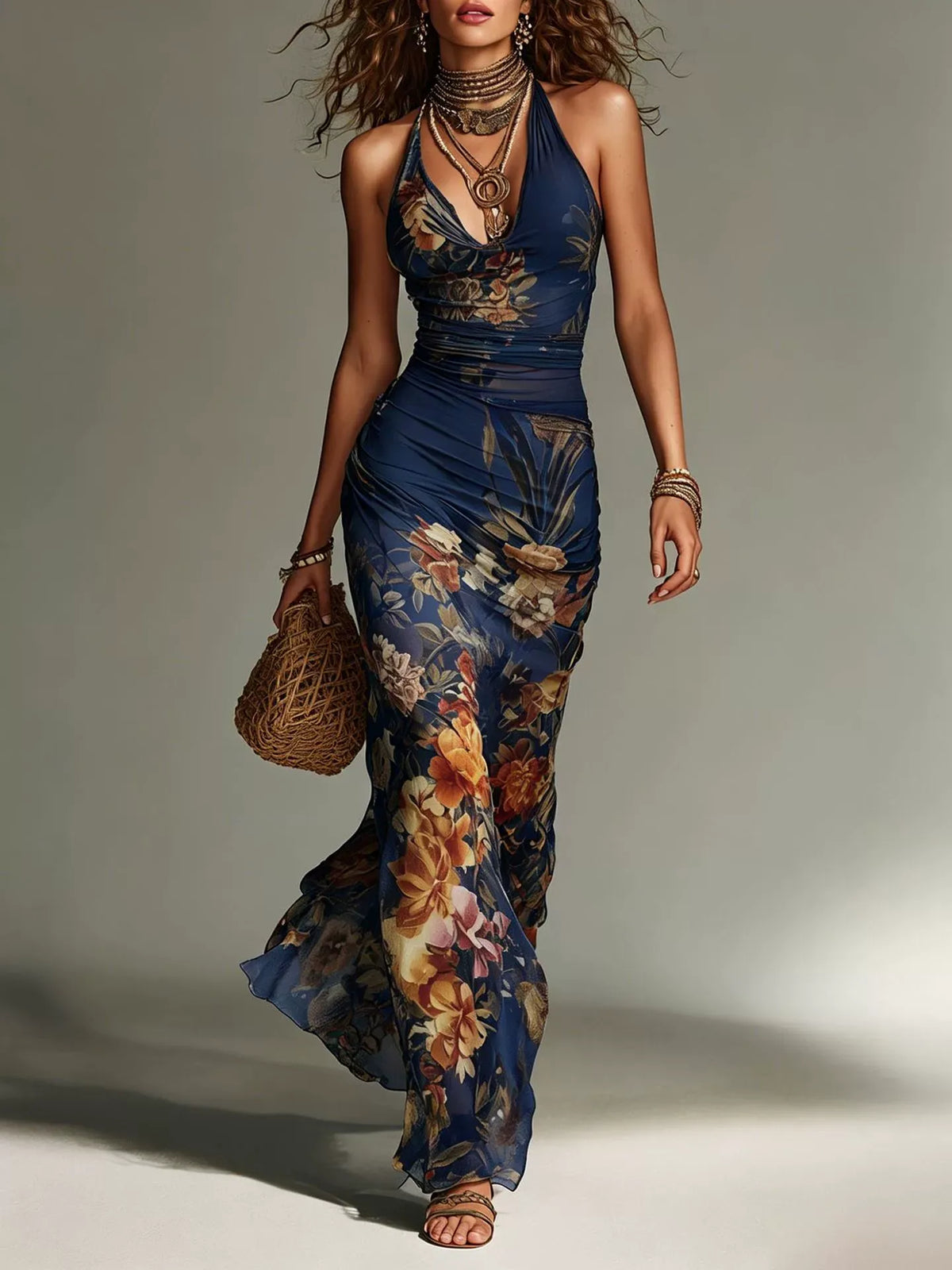 ENNA | Florales Maxikleid aus Mesh mit Schmaler Passform
