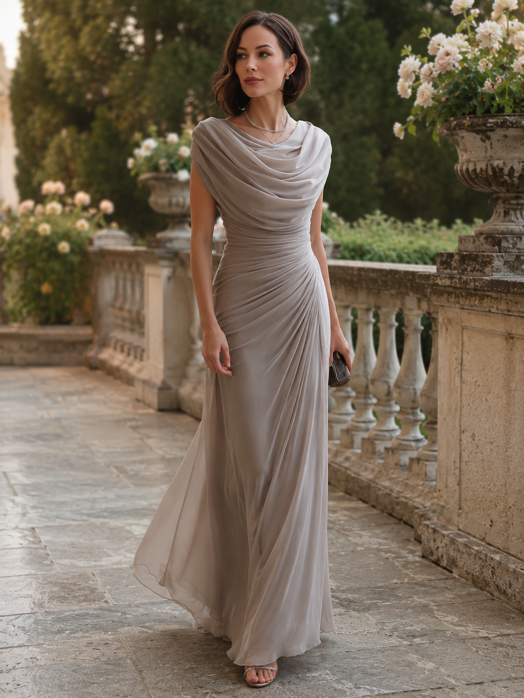 LENIYA | Maxikleid mit drapiertem Wasserfallausschnitt